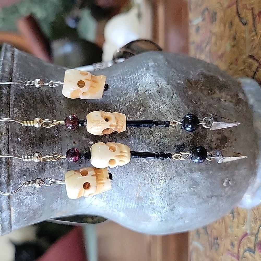 90's Punk Goth 2 Pair of Handmade Bone Skull Earrings